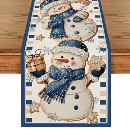 Snowman Gift Winter Table Runner 13x120 Inches Blue Holiday Decor