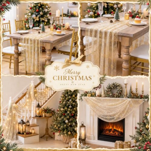 Christmas White Gauze Table Runner with Gold Snowflake Design - 29x120 Inches, Pack of 1