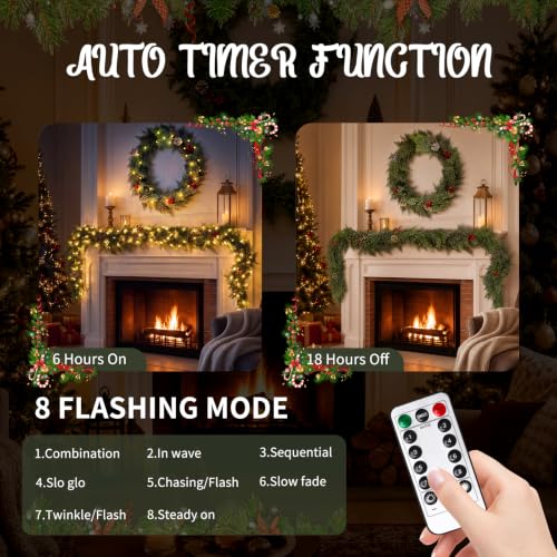 9FT Pre-Lit Christmas Cedar Garland with Lights & Remote Timer