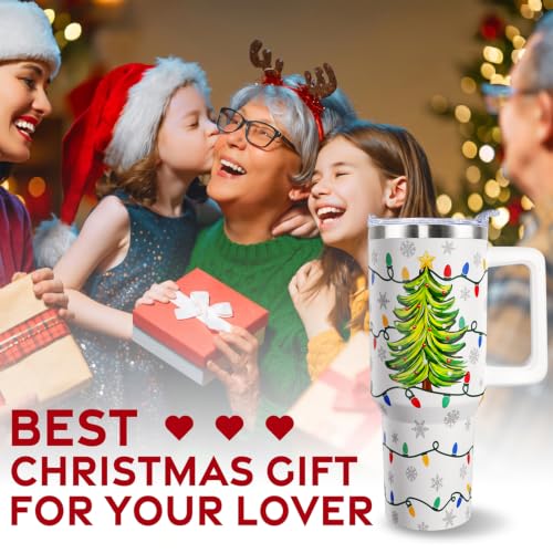 Christmas Tumbler with Handle 40oz Stainless Steel Holiday Water Bottle - Lights Variation