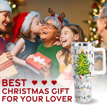 Christmas Tumbler with Handle 40oz Stainless Steel Holiday Water Bottle - Lights Variation