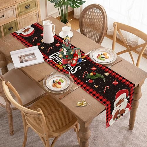 Christmas Table Runner Santa Claus-02 Red & Black Buffalo Plaid 13x72 Inches