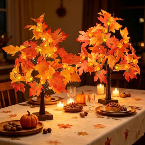 18-Inch Lighted Fall Tree with 48 LEDs, Pumpkins & Maple Leaves - Battery & USB Operated