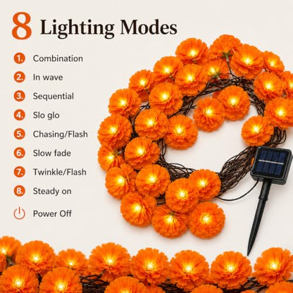 21Ft Solar Marigold Garland with 30 LED Flowers - Outdoor Halloween & Día de los Muertos Decor - Variation of THIS Listing