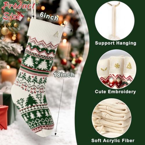 Knit Christmas Stockings Set with Holders & Xmas Patterns - 3 Pack, 18 Inch, Red & Green