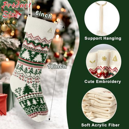 Knit Christmas Stockings Set with Holders & Xmas Patterns - 3 Pack, 18 Inch, Red & Green