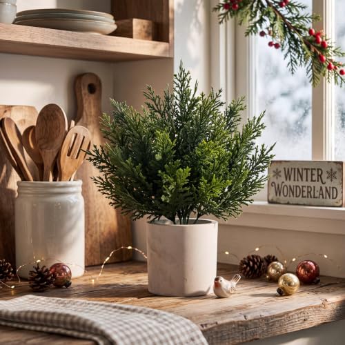 4 Pack Mini Artificial Cedar Bush for Christmas - White, Farmhouse Decor