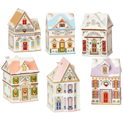 Christmas Village Spice House Set - Holiday Ceramic Decor for Kitchen & Tabletop, 6 Pieces