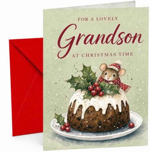 Grandson Christmas Card with Mouse and Pudding - Purple Fox Holiday Greeting Card - UK Designed