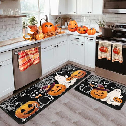Halloween Kitchen Rugs Set of 2 - Non Slip Pumpkin Cats Ghosts 17x47.2 +17x30 Inches