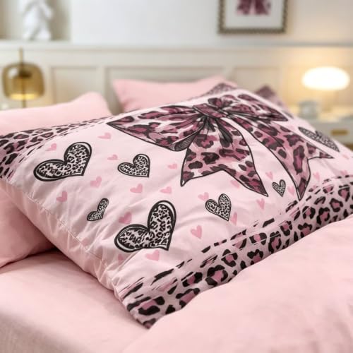 Pink Leopard Queen Duvet Cover Set with Bow & Heart Design - 3 Piece Bedding