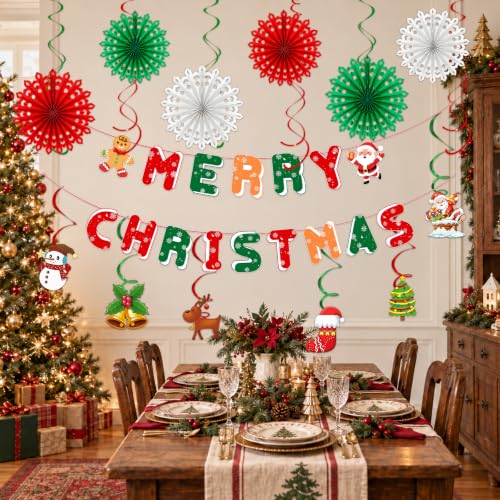 Christmas Party Decorations Set with Banner, Paper Fans & Swirls - Red Green Holiday Decor