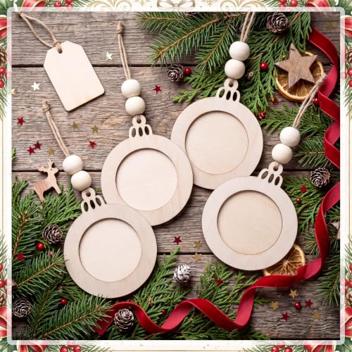 Christmas Photo Frame Ornaments Set - 12 Wooden Holiday Decorations with Beads & Ropes (Classic)