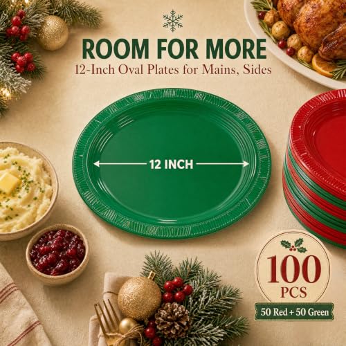 WELLIFE Red & Green Oval Plastic Plates 100 Pack - 12 Inch Disposable Christmas Dinnerware