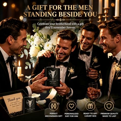 Custom Photo Engraved Flask for Men - Silver & Black Personalized Groomsmen Gift