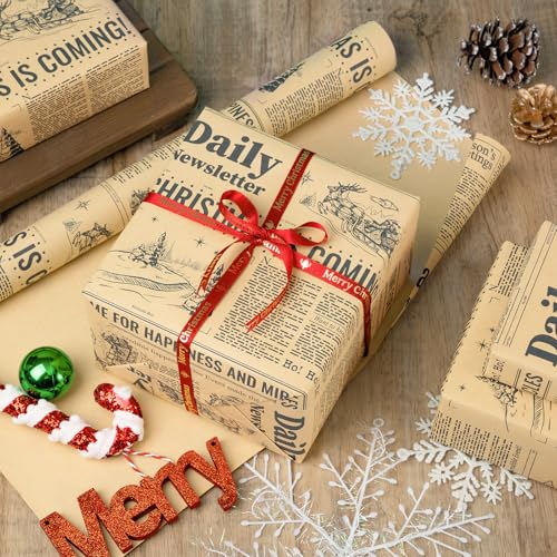 Christmas Newspaper Wrapping Paper Roll - Kraft Gift Wrap with Festive Headlines, 30 in x 32.8 ft, Vintage Holiday Design