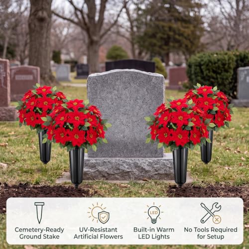 Artificial Christmas Poinsettia Cemetery Flowers Set with Vases - Red, 4 Pack