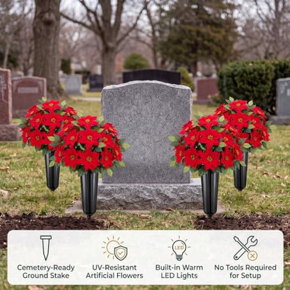 Artificial Christmas Poinsettia Cemetery Flowers Set with Vases - Red, 4 Pack
