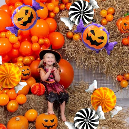 Halloween Candy Balloons Kit - 6pcs Pumpkin & Black Orange Balloons for Party Decoration - Candy Variation