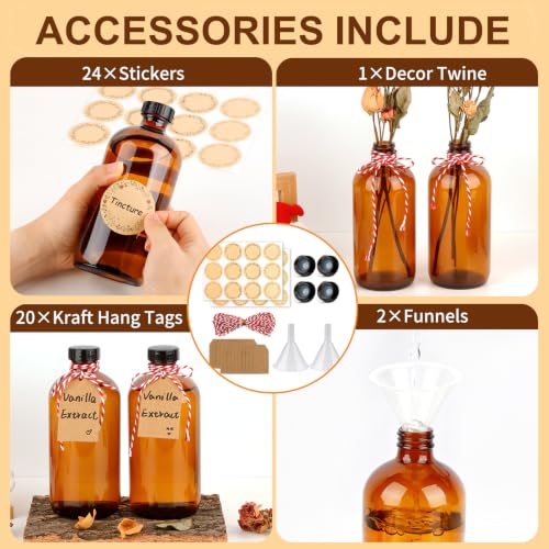 15 Pack 16oz Amber Glass Bottles with Caps for Storage & DIY Projects