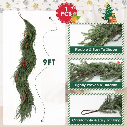 9FT Artificial Christmas Garland Norfolk Pine with Red Berries Winter Decor - Variation of THIS listing