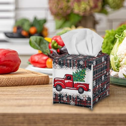 Christmas Truck Tissue Box Cover Cube - Modern Xmas Decor, Napkin Dispenser