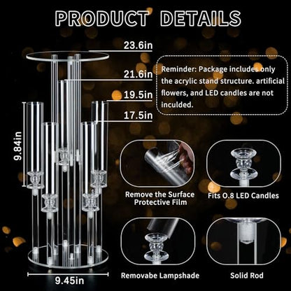 Clear Acrylic Candelabra Centerpiece with Flower Stand - 23.6 Inch, 2-in-1 LED Candle Holder