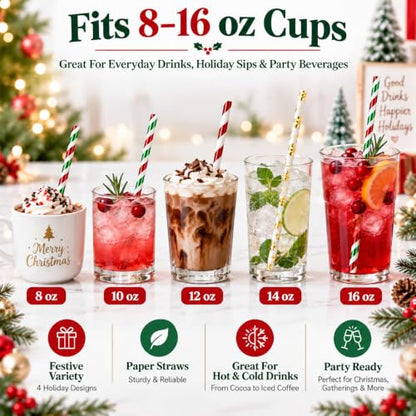 Christmas Paper Straws Set - Red, Green & Snowflake Pattern Mix, 100 Pack