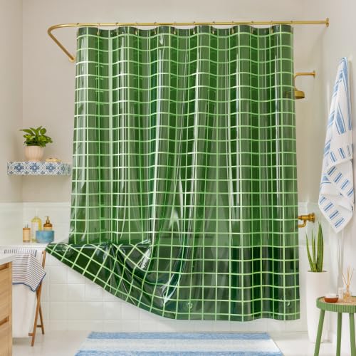 Heavy Duty Clear Shower Curtain Liner with Grid Pattern, 72x72 Inches, Green - Pack of 1