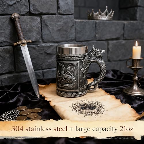 Large Dungeons & Dragons Coffee Mug - 21oz Stainless Steel Beer & Tea Cup with Dragon Design