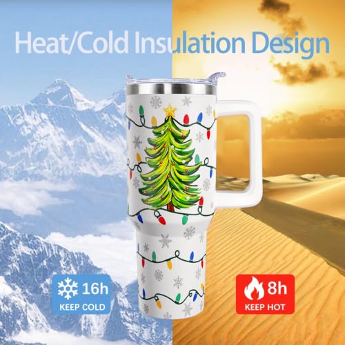 Christmas Tumbler with Handle 40oz Stainless Steel Holiday Water Bottle - Lights Variation