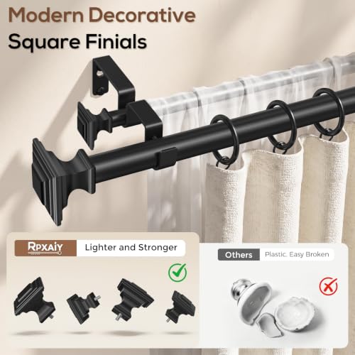Black Square Double Curtain Rod 36-122 Inch - Modern Metal Drapery Hardware