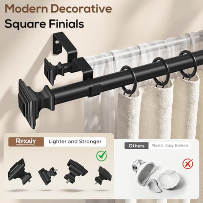 Black Square Double Curtain Rod 36-122 Inch - Modern Metal Drapery Hardware