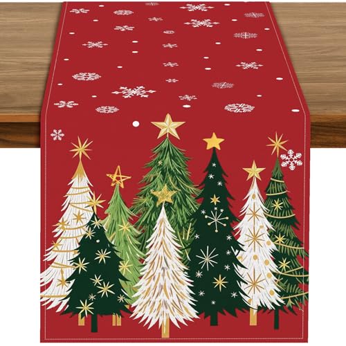 Christmas Trees Table Runner - Red Holiday Table Decor with Green & White Pattern - Variation of Christmas Trees