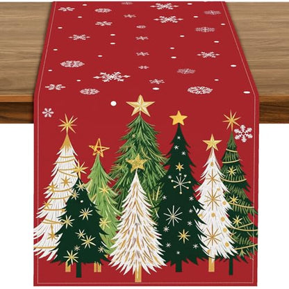 Christmas Trees Table Runner - Red Holiday Table Decor with Green & White Pattern - Variation of Christmas Trees