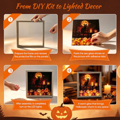 Lighted Shadow Box Frame DIY Craft Kit with LED, Rustic Wood, Sea Stones, Black Cat Halloween Decor