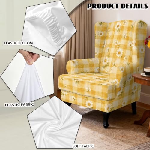 Yellow Gingham Daisy Print Stretch Wingback Chair Slipcover 2 Piece - Fits Chairs Up to 31.5"