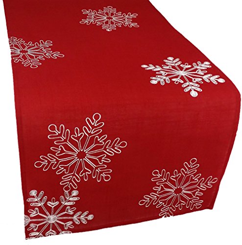 Snowy Noel Table Runner 15 x 72 in - Red Embroidered Snowflakes, Holiday Decor