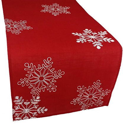 Snowy Noel Table Runner 15 x 72 in - Red Embroidered Snowflakes, Holiday Decor