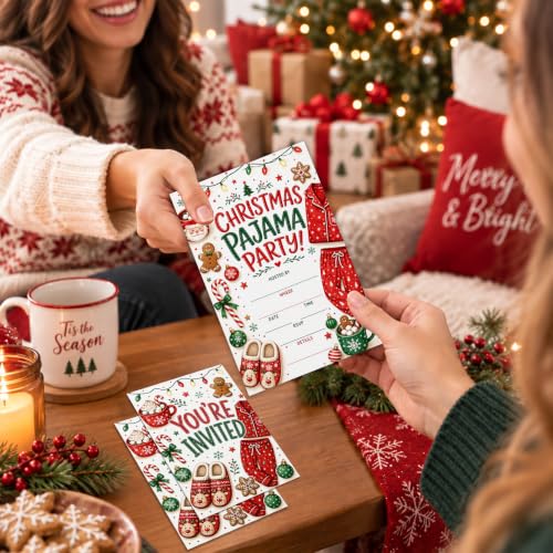Christmas Pajama Party Invitation Cards - Set of 20 with Envelopes, Vibrant Design