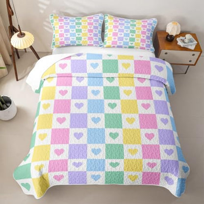 Colorful Heart Quilt Set King Size 3pcs with Pillow Shams - Geometric Patchwork