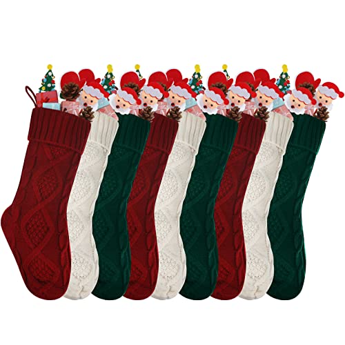 Christmas Candy Stockings Set - Green, Red, Ivory Knit Holiday Decor - Stylish 9 Pack