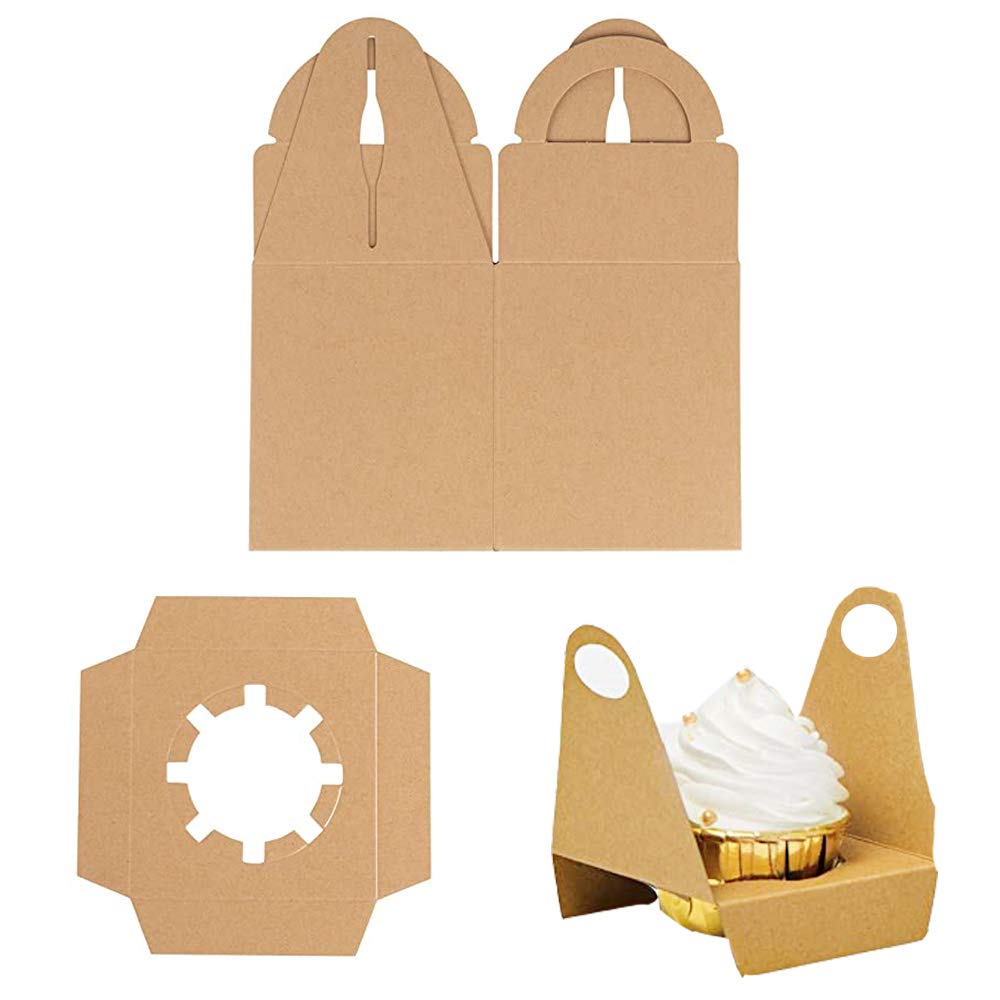 30 Pcs Cupcake Boxes Individual Kraft Paper Single Cupcakes Containers with Window Insert and Handle for Wedding Birthday Party Favor Packaging