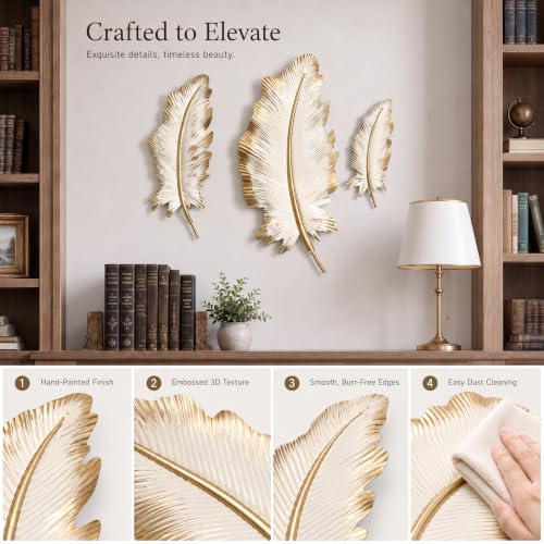 Large Metal Feather Wall Decor Set - Beige Gold 3D Wall Art for Living Room