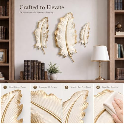 Large Metal Feather Wall Decor Set - Beige Gold 3D Wall Art for Living Room