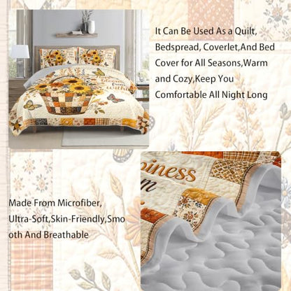 Harvest Floral Full Bedspread Coverlet Set with Quilt and Pillow Shams - Sunflower Basket Patchwork