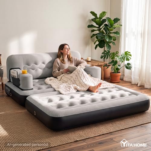 Queen Size Air Sofa Bed Mattress with Headboard & Pump, Inflatable Couch for Home & Travel