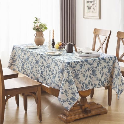 Blue Floral Cotton Linen Rectangle Tablecloth 55x120 Inches - Rustic Decor