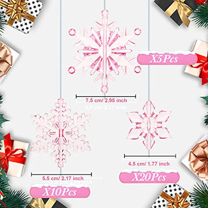 Christmas Snowflake Ornaments Set - Clear Light Pink Acrylic DIY Decoration, 35 Pieces
