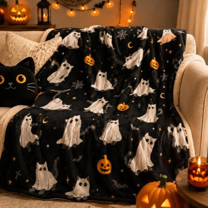 Halloween Throw Blanket Grid Pumpkin Cat Bat Ghost Flannel Design09 - Cozy Festive Home Decor Gift